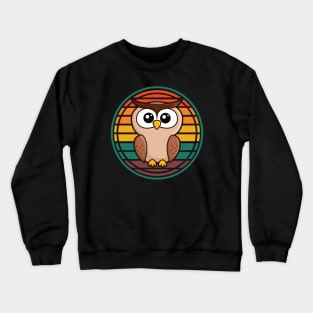 Wise Old Owl w/ Big Eyes Colorful Retro Sunset in Background Crewneck Sweatshirt